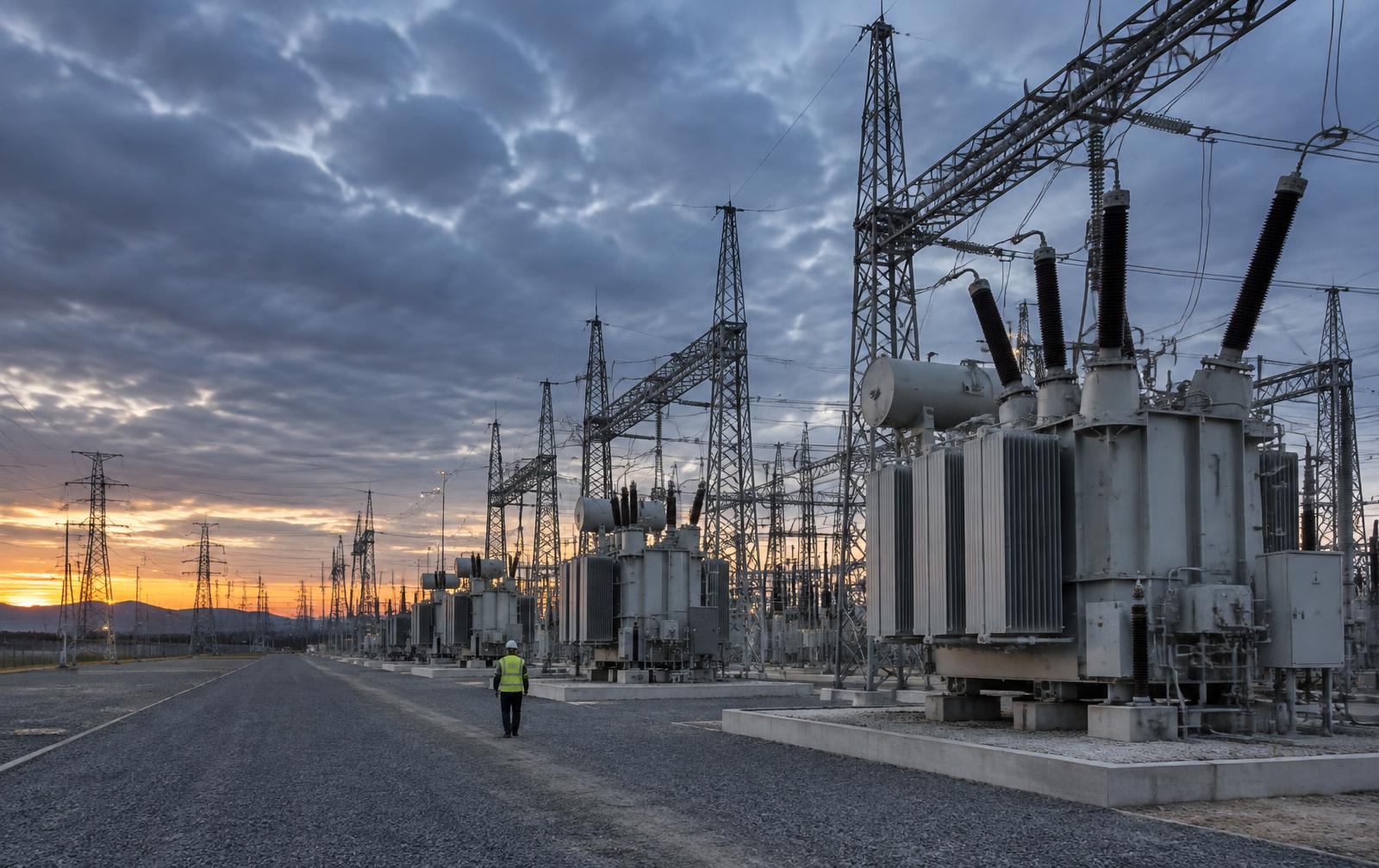 Electrical grid infrastructure at dusk